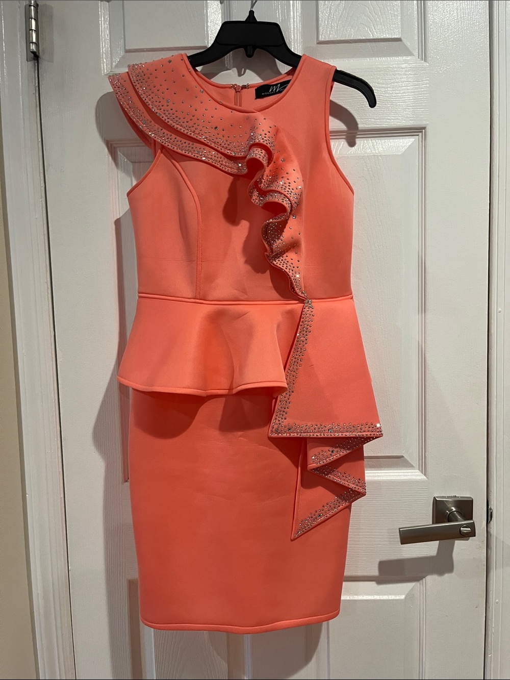 Midnight Velvet Coral One-Shoulder Ruffle Peplum Dress